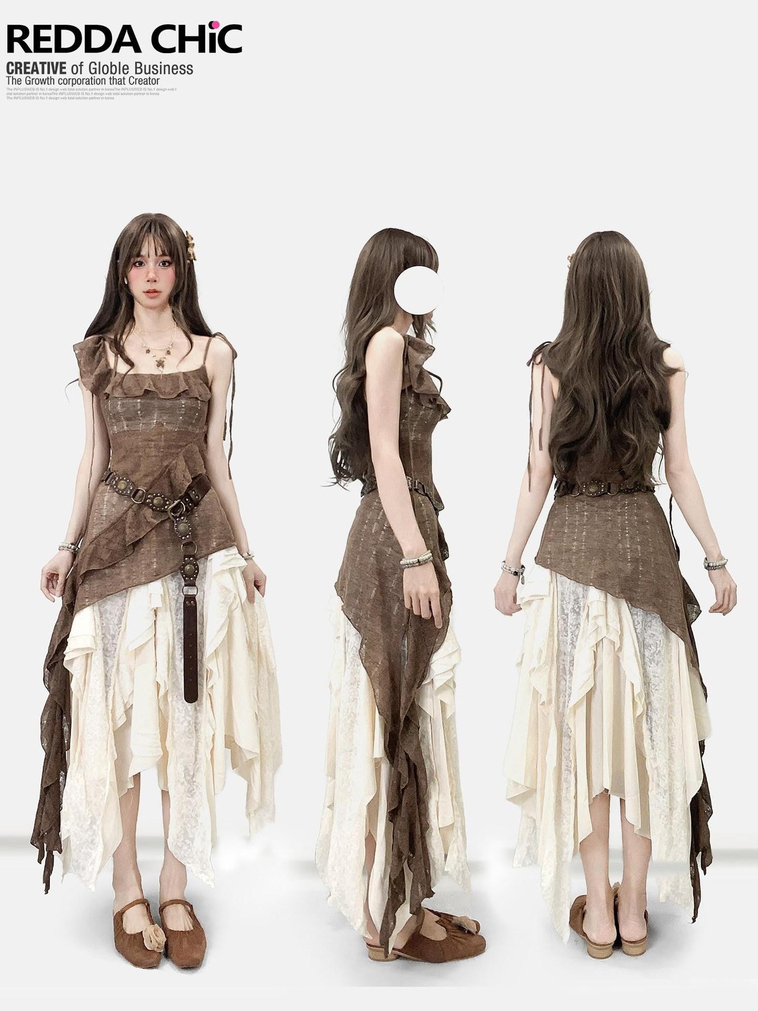 REDDACHIC Vintage Brown Ruffle Asymmetric Cami Women'S High Waist Top & Skirt Sets