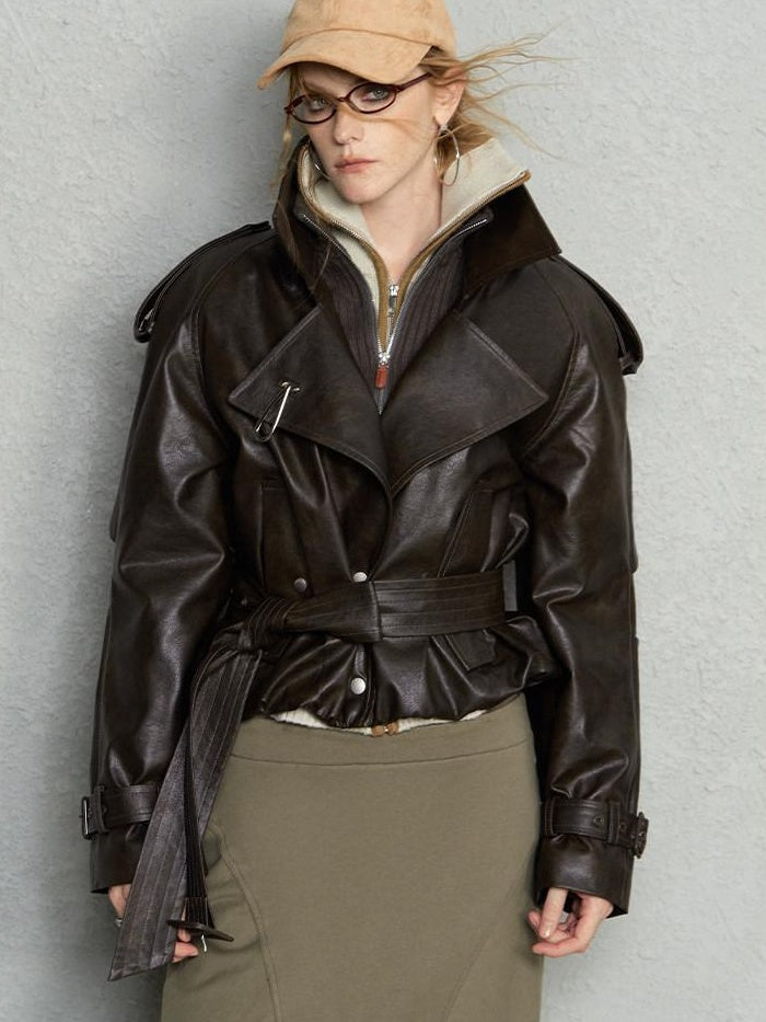 OfAkiva Slim Fit Short Zipper Blazer Collar Long Sleeve Youth Outerwear Leather Jackets