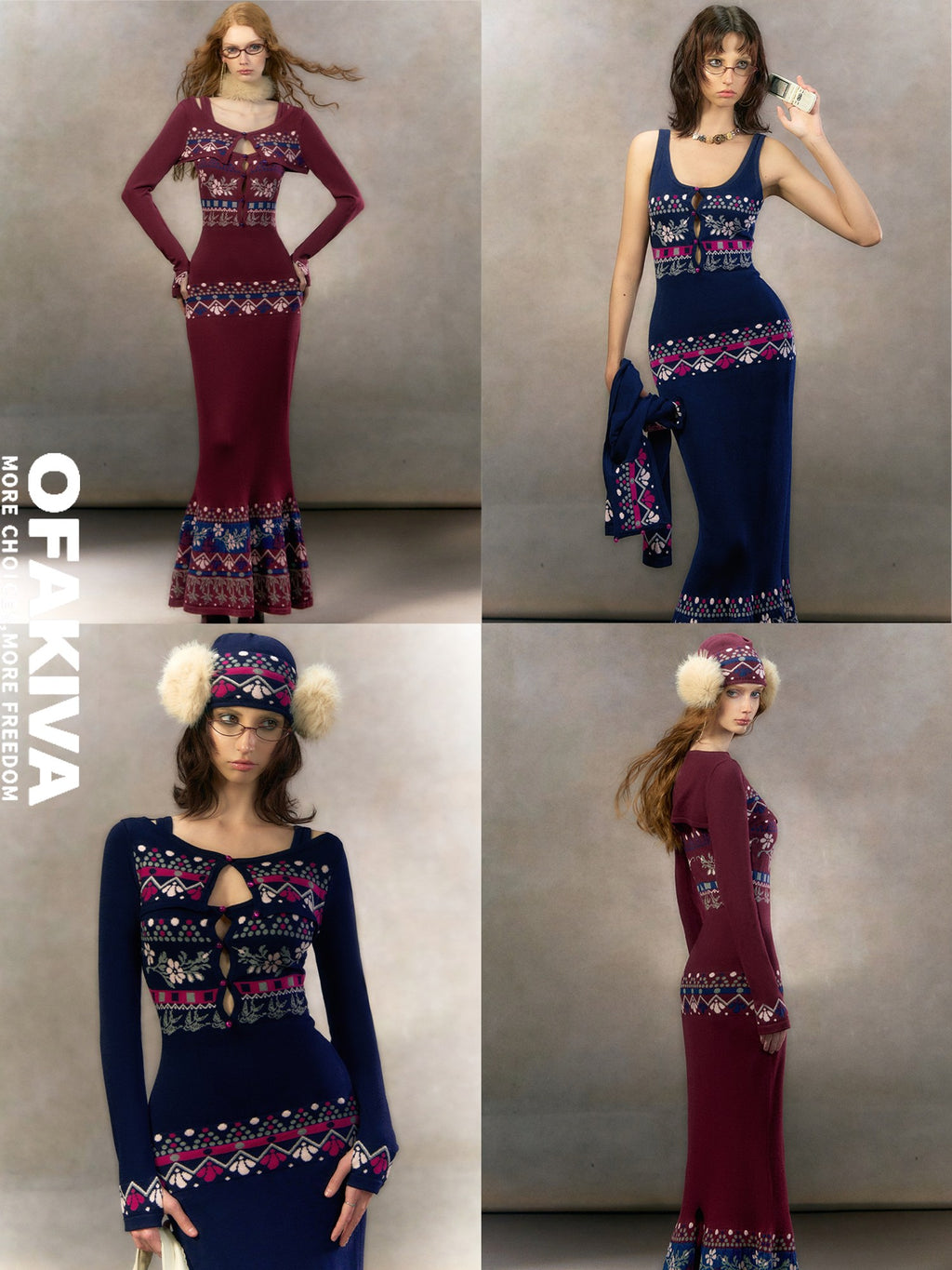 OfAkiva Elegant High Waist Knit Two Piece Mermaid Slim Long Sleeve Women Maxi Dresses