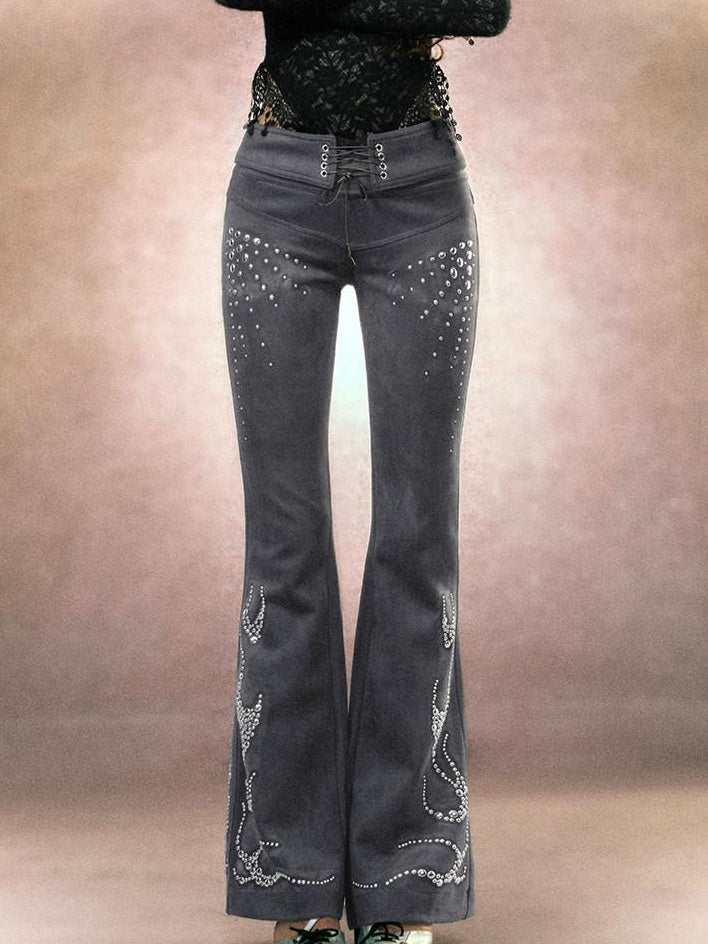 OfAkiva Rhinestone Embroidered Vintage Low Rise Slim Fit Casual Women Flared Pants