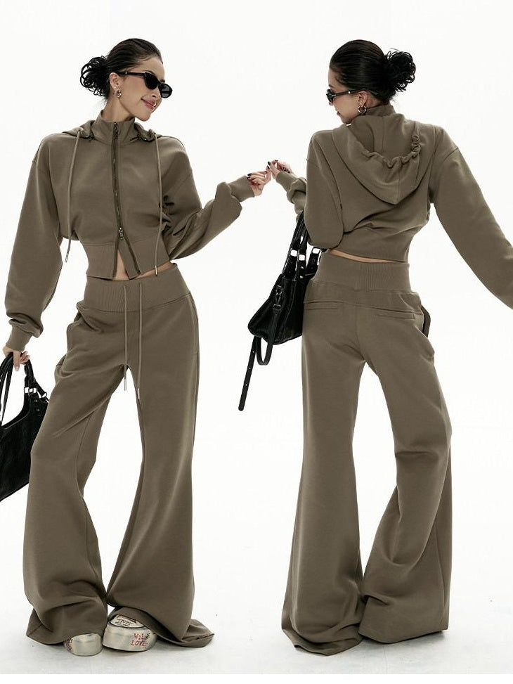 ZERO Cotton Cropped Long Sleeve Casual Slight Stretch Women Black Top & Pants Sets