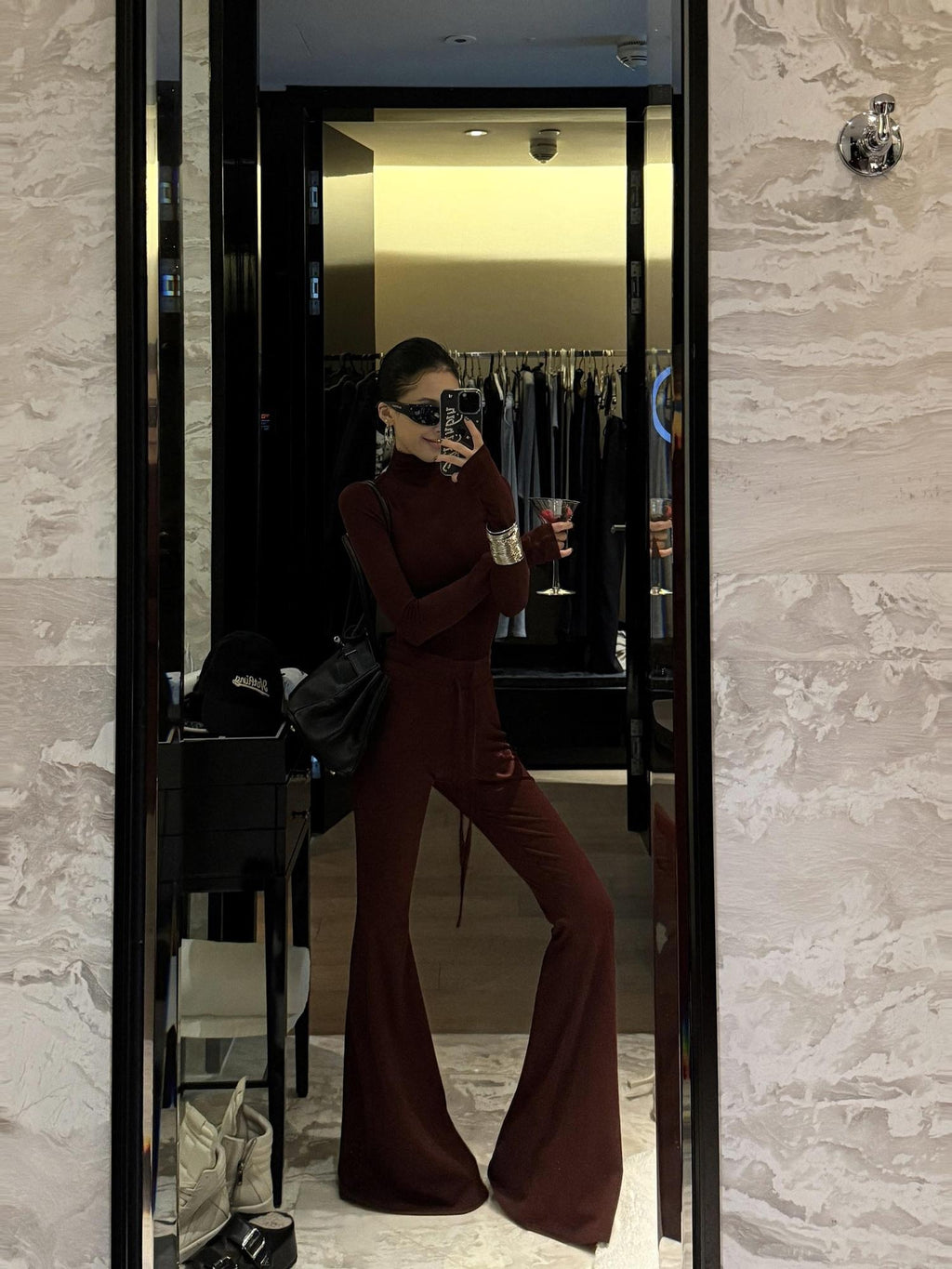 ZERO Slim Fit High Neck Long Sleeve Red Viscose Stretch Casual Women Top & Pants Sets