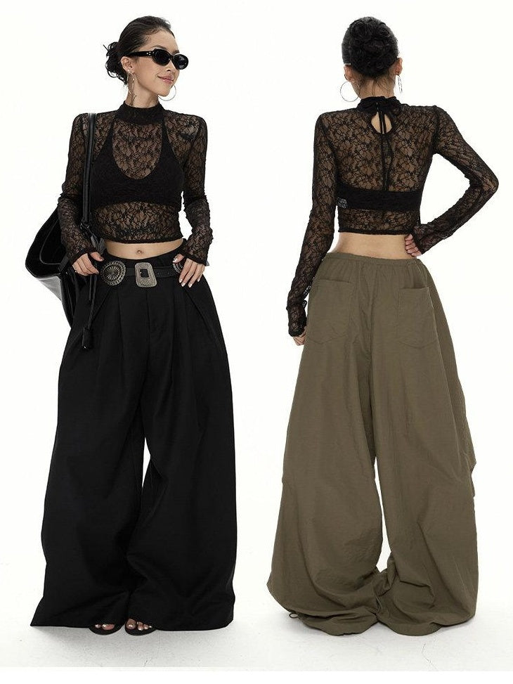 ZERO Lace Trim High Neck Casual Slim Fit Women Daily Black Knit Long Sleeve Crop Tops