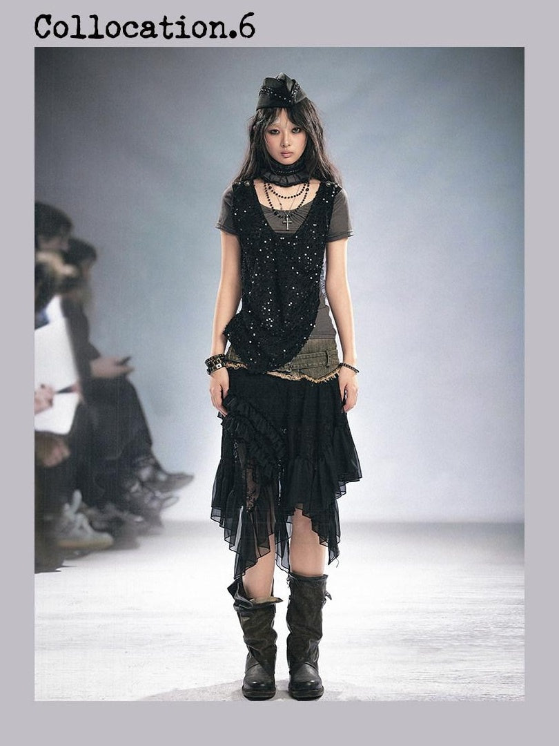 Cest Nous Asymmetric Lace Mid Waist Slim Fit Irregular Hem Women Midiskirts