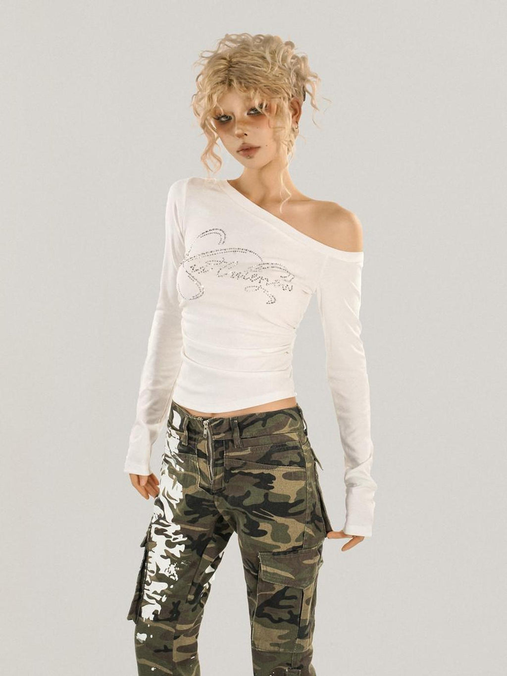Nico Molly Rhinestone Print Slim One Shoulder Sexy Women Text Long Sleeve T-Shirts