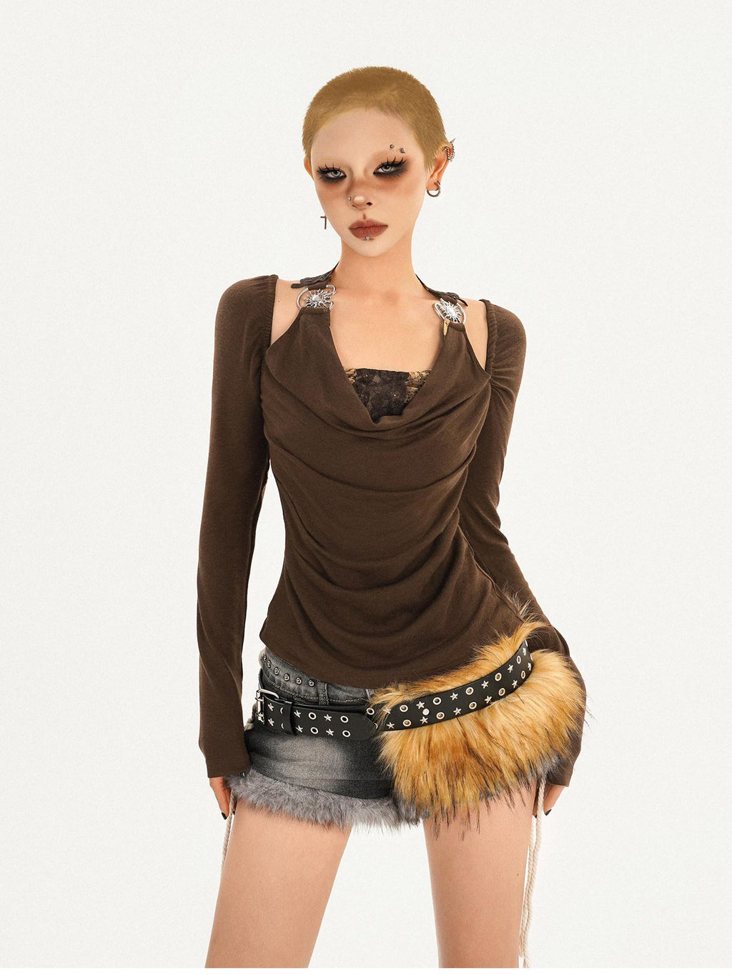 Nico Molly Sexy Backless Bardot Flared Sleeve Coffee Brown Leather Long Sleeve T-Shirts