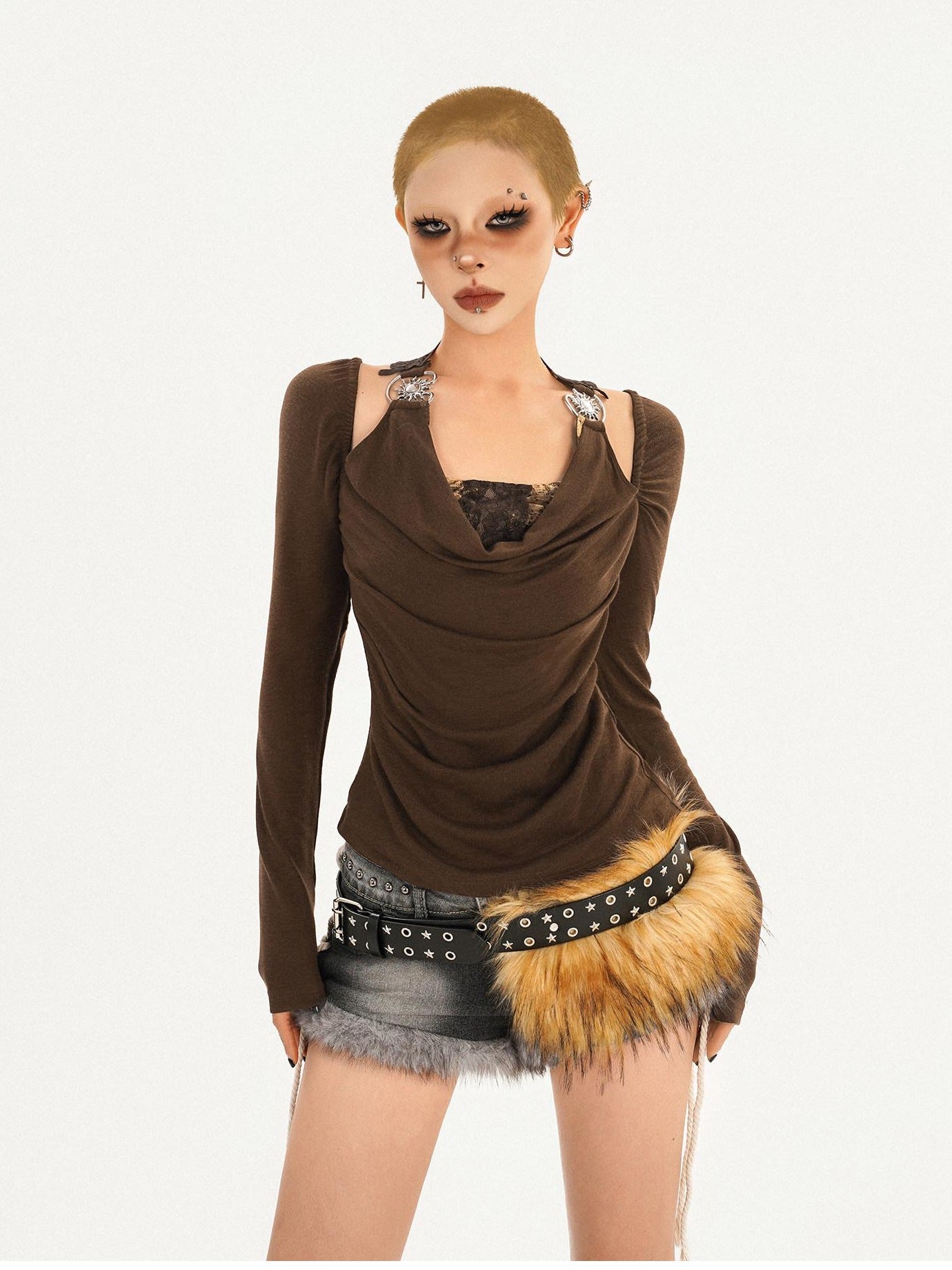 Nico Molly Sexy Backless Bardot Flared Sleeve Coffee Brown Leather Long Sleeve T-Shirts