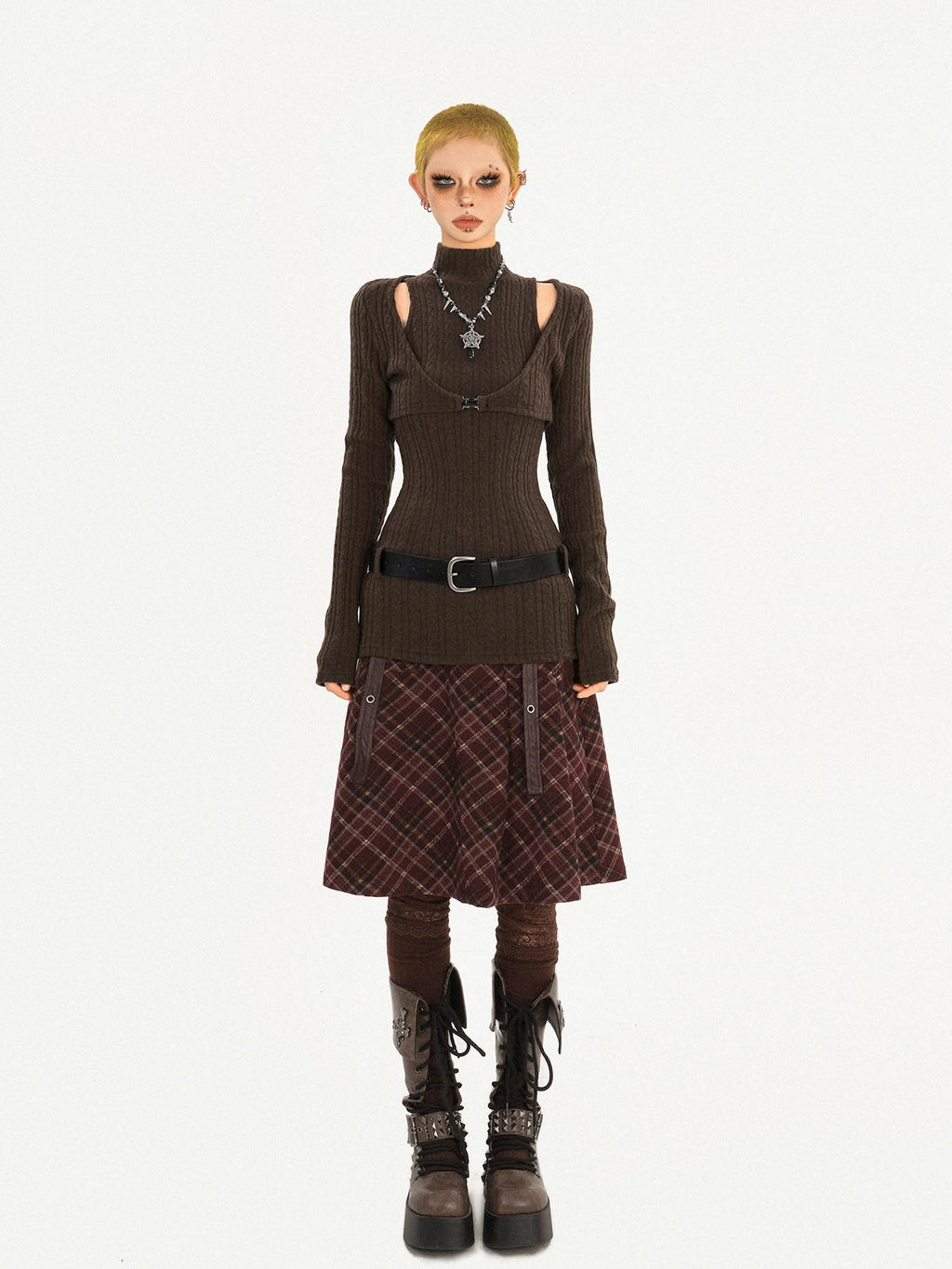 Nico Molly Casual Distressed Plaid A Line Button Pocket Midwaist Tweed Women Midi Skirts