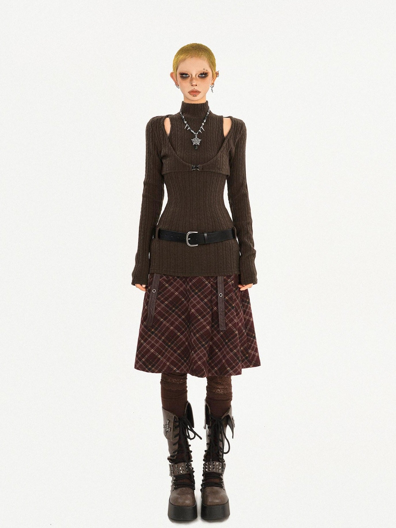 Nico Molly Casual Distressed Plaid A Line Button Pocket Midwaist Tweed Women Midi Skirts