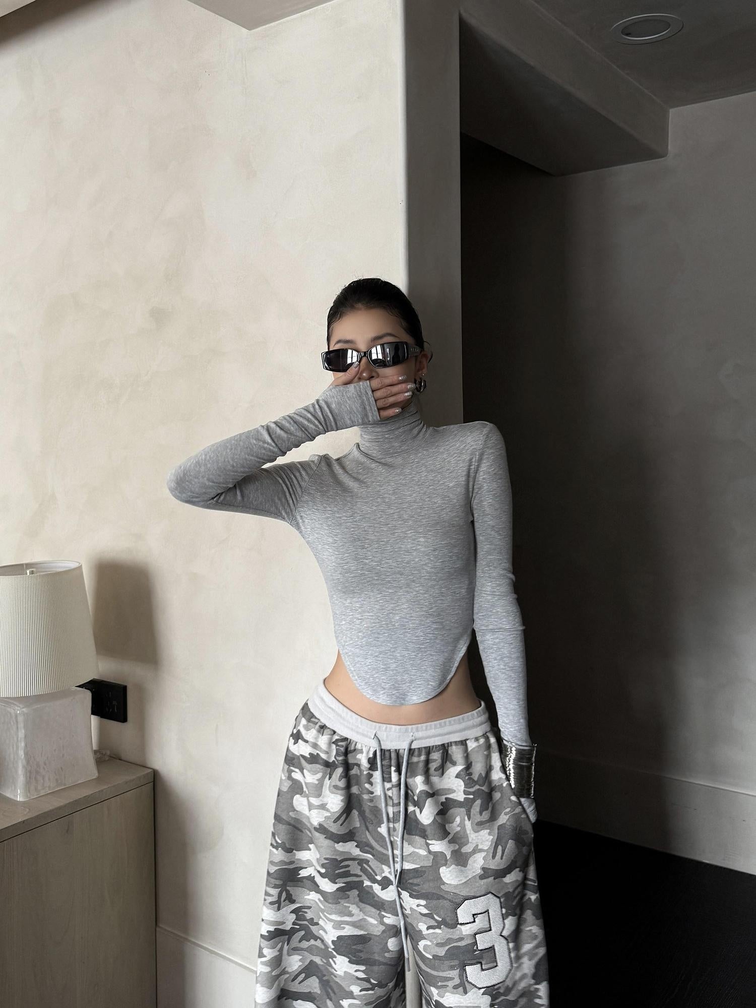 ZERO Lyocell Knit Thick Slim Cropped Top Casual Women Black Long Sleeve Crop Tops