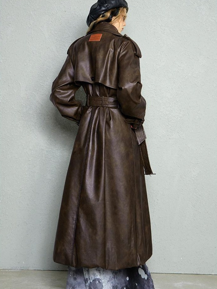 OfAkiva Thick Faux Leather Slim Fit Blazer Collar Pocket Midlength Women Long Coats