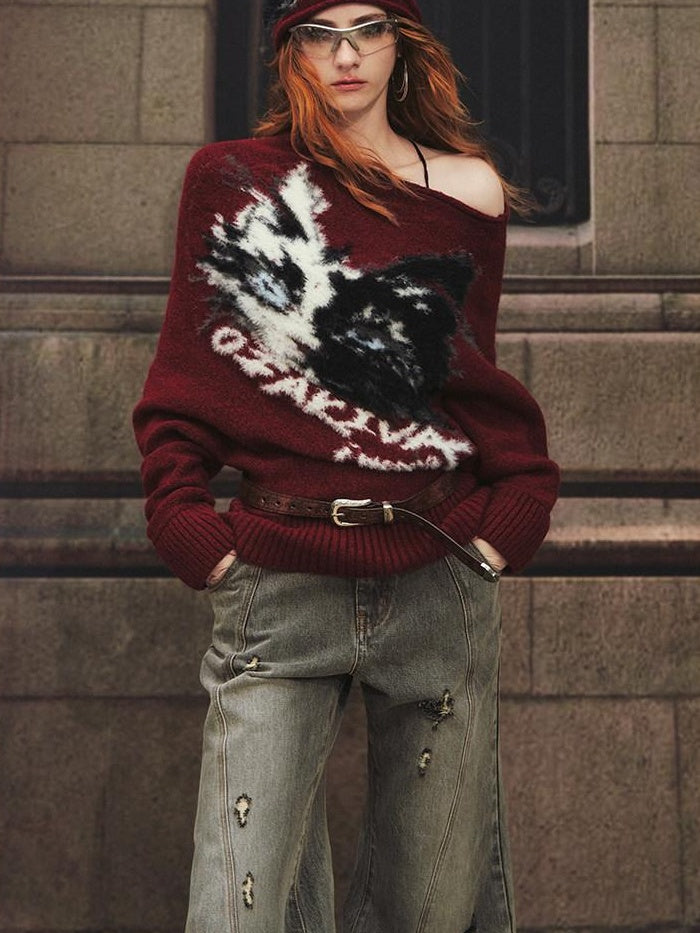 OfAkiva Faux Cashmere Thermal Animal Print Loose Fit Women Round Neck Sweaters