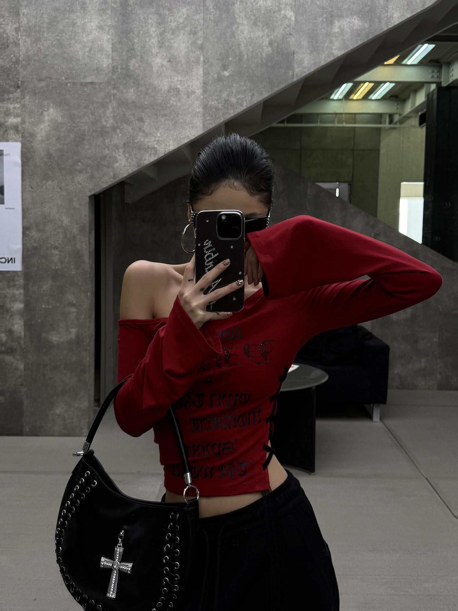 ZERO Wild Print Red Slim Street Asymmetrical Neck Women Viscose Long Sleeve Crop Tops