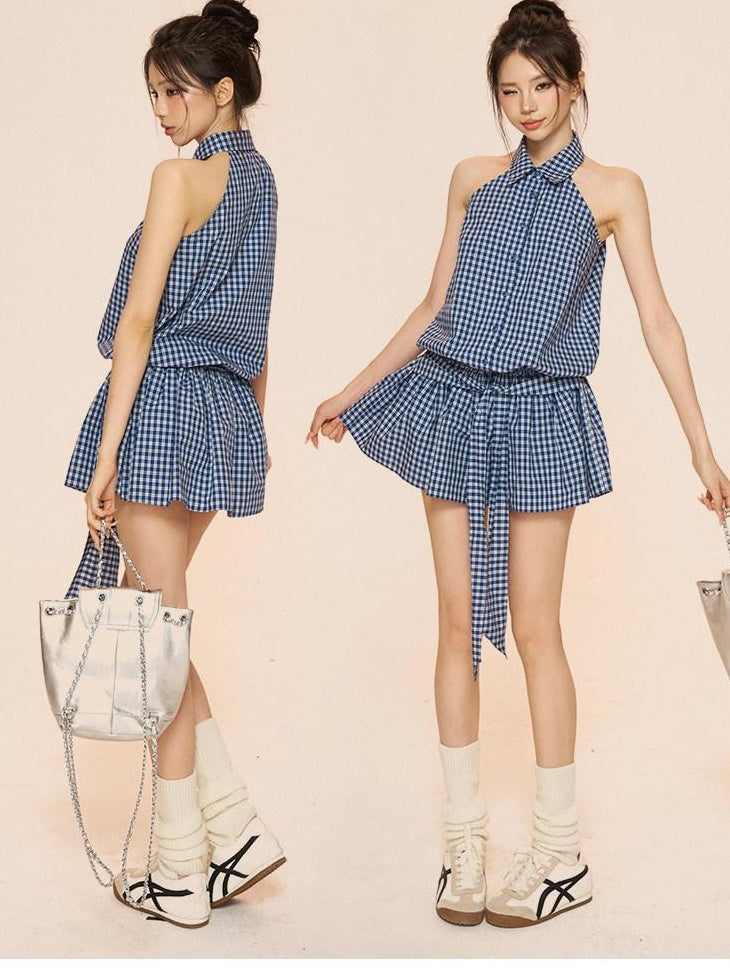 ZERO Soft Cotton Plaid Tie A Line Stand Collar Women Citywalk Mini Dresses