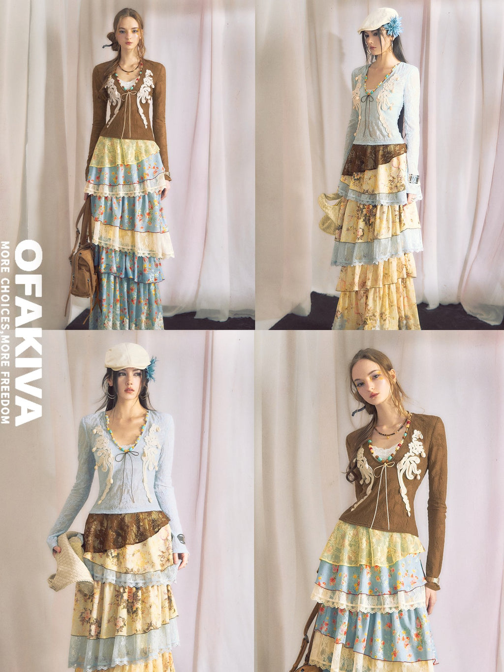 OfAkiva Contrast Color High Stretch Long Sleeve High Waist Two Piece Top & Skirt Sets