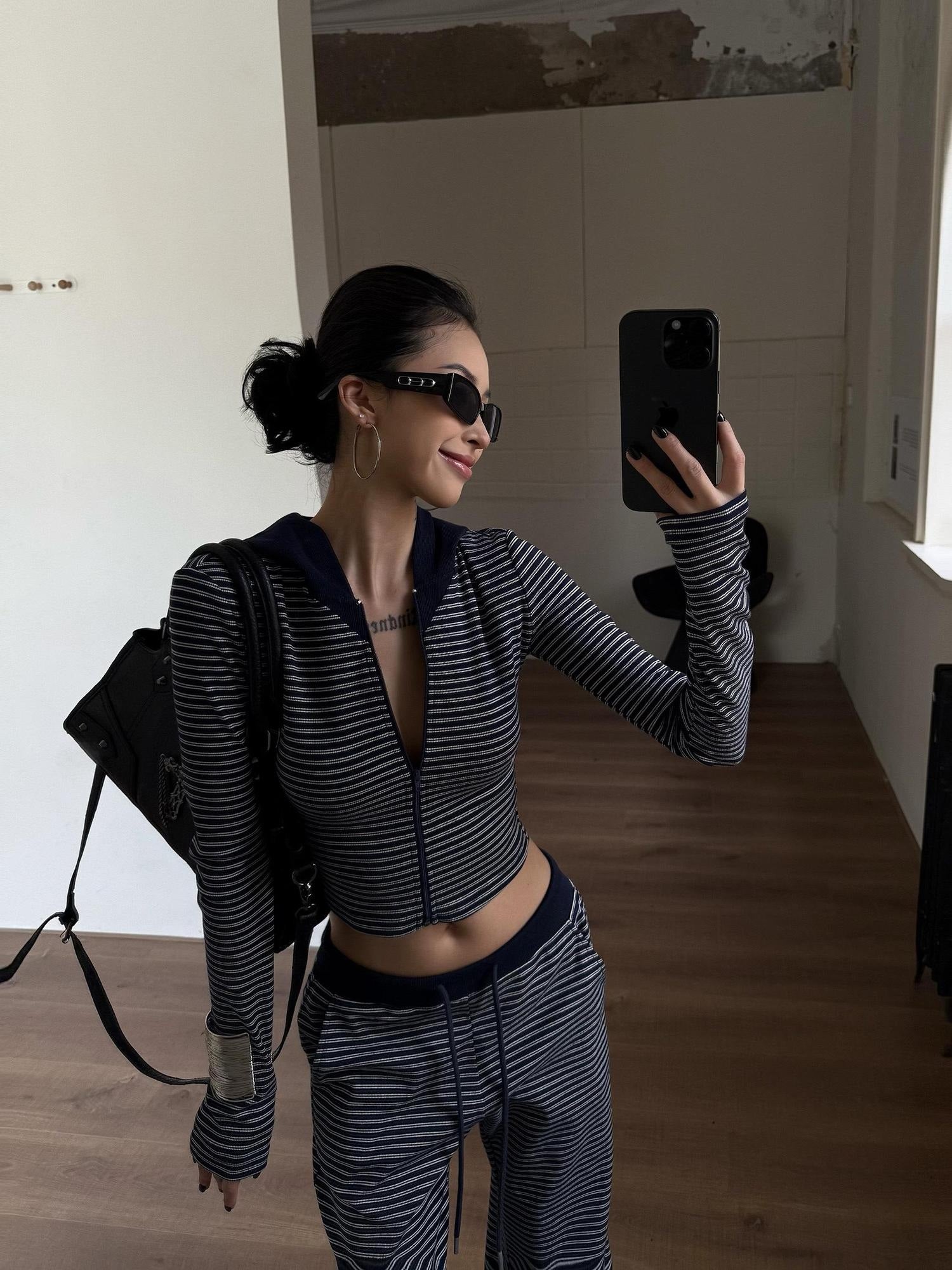 ZERO Soft Cotton Striped Crop Long Sleeve Casual Women Lounge Top & Pants Sets