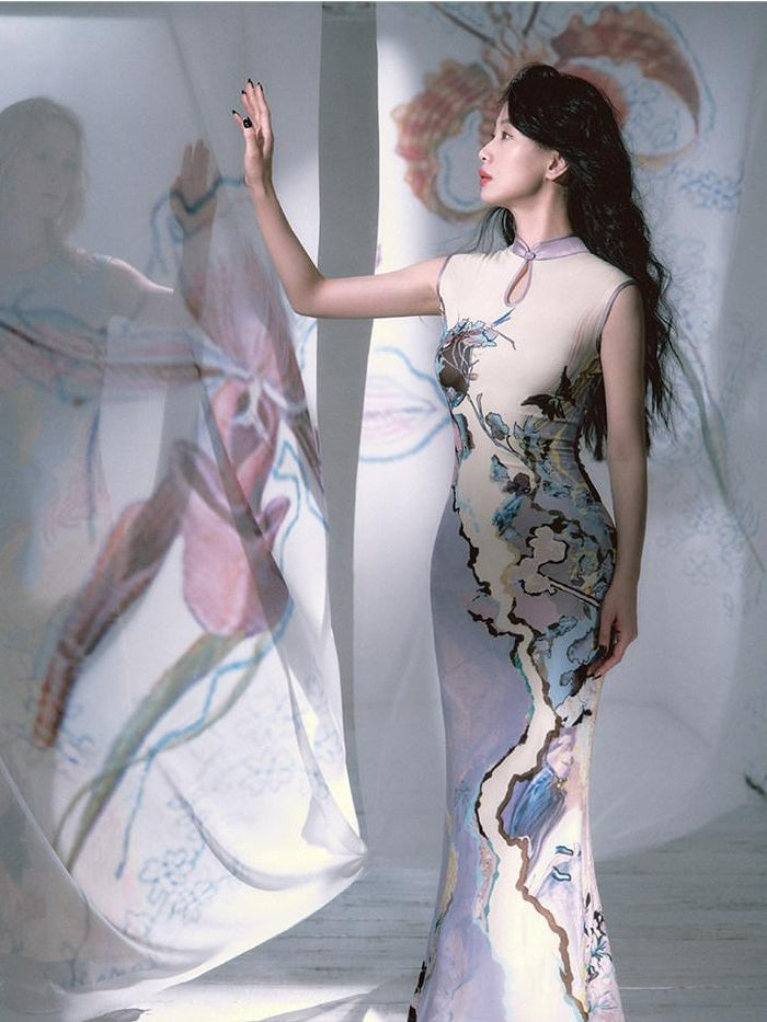 OfAkiva Floral High Waist Modern Qipao A Line Sleeveless Travel Maxi Dresses