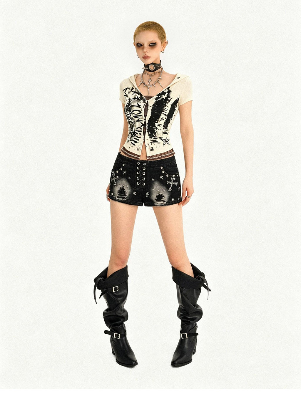 Nico Molly Cinched Waist Lace Skull Punk Faux Two Piece Cropped Women Off White Hoodie