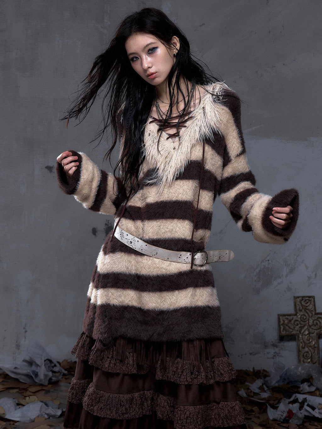 NO ROMANCE Vintage Punk Distressed Striped Women'S Faux Mink Low Neck Loose Long Sweaters