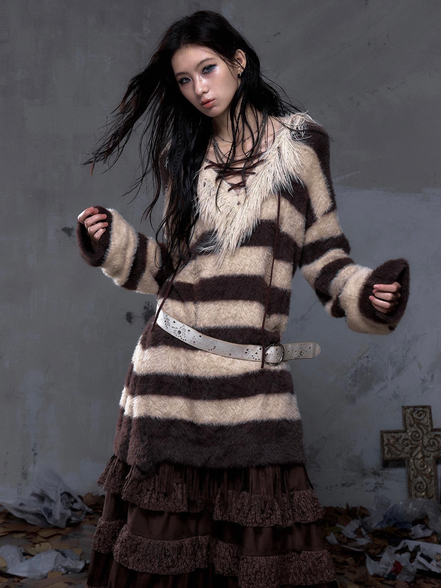 NO ROMANCE Vintage Punk Distressed Striped Women'S Faux Mink Low Neck Loose Long Sweaters