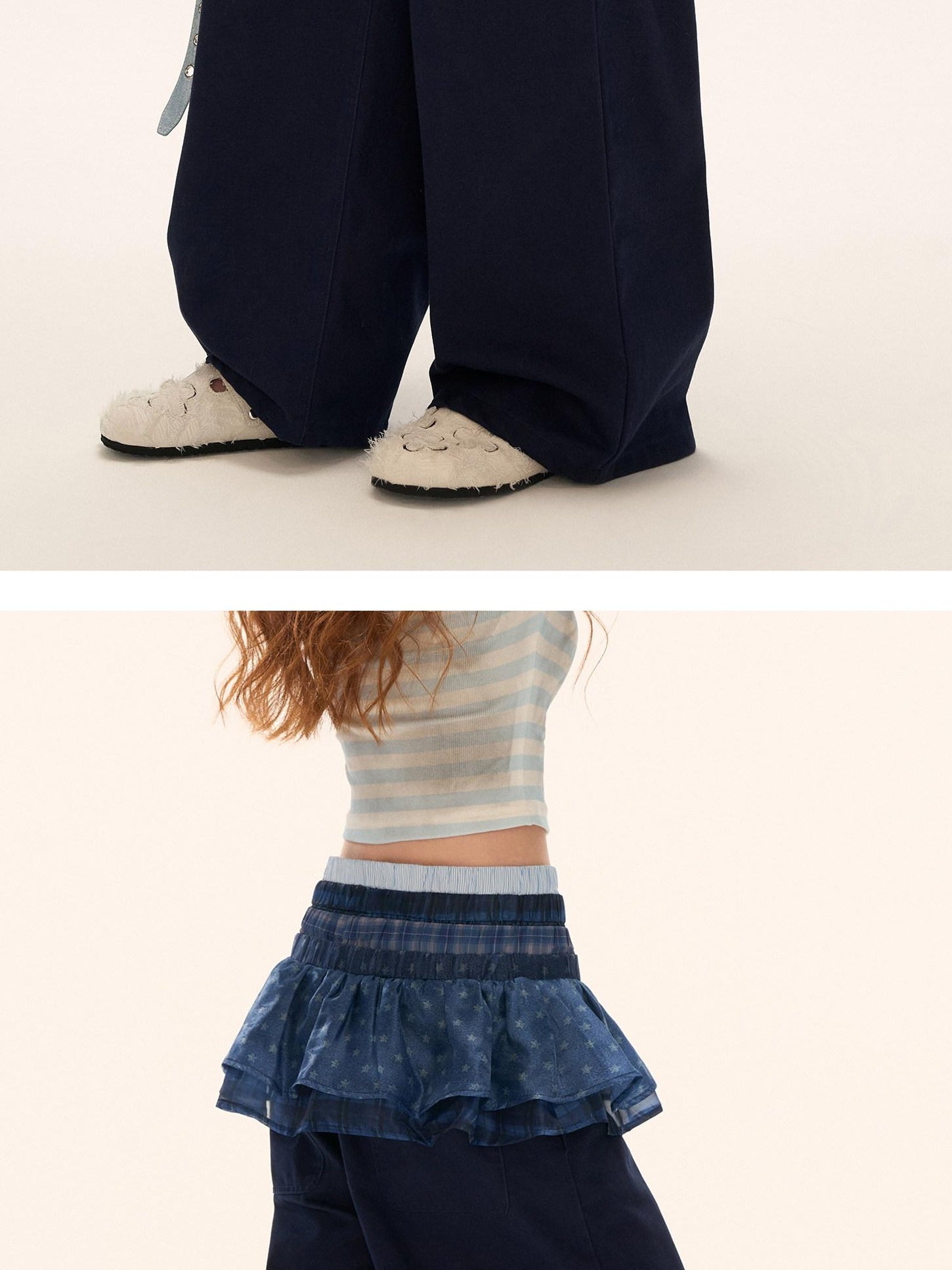 MAMC 100% Cotton Patchwork Relaxed Natural Waist Casual Womens Blue Wide Leg Pants