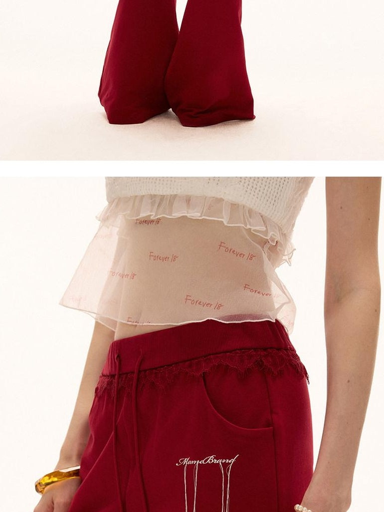 MAMC Slim Cotton Low Rise Drawstring Womens Minimal Red Micro Flare Flared Pants