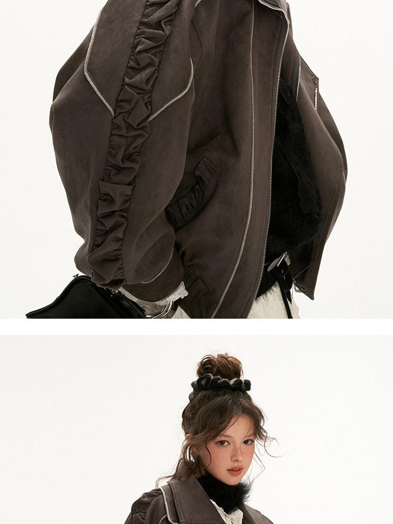MAMC Stretch Polyester Loose Fit Mechanical Lapel Zipper Gray Leather Jackets