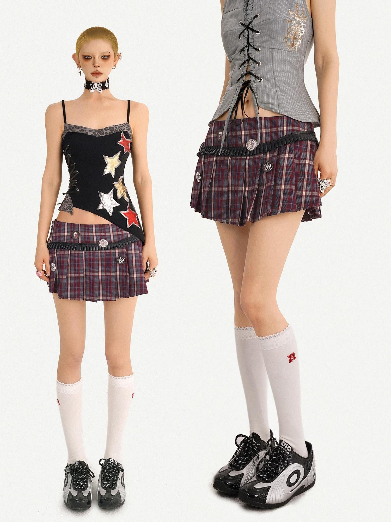 Nico Molly Lined Burgundy Pleated Low Waist Slim Fit Women Schoolgirl Chic Mini Skirts