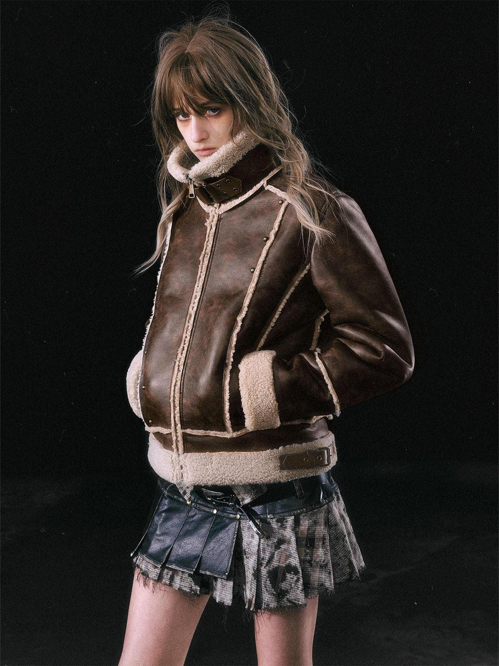 Cest Nous Thick Fleece Lined Street Straight Fit Patch Zipfront Brown Pu Leatherjackets