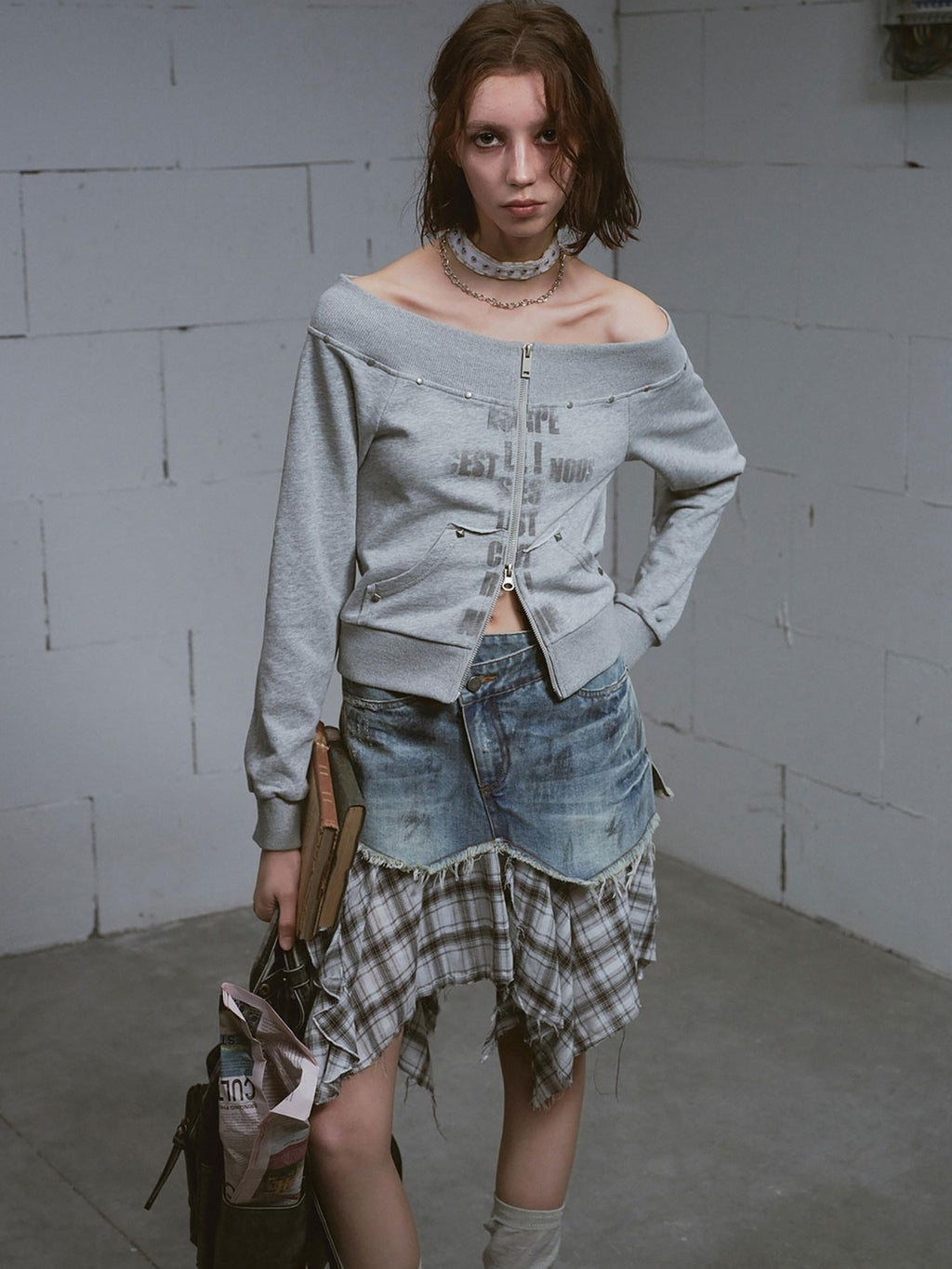 Cest Nous Distressed Patchwork Asymmetrical Aline Loose Mid Waist Women Midiskirts