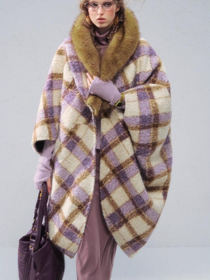 OfAkiva Cozy Thick Vintage Cape Silhouette V-neck Mid Length Plaid Women Jackets