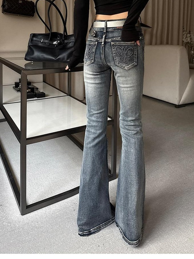 ZERO High Stretch Washed Natural Waist Embroidered Women Vintage Blue Flared Jeans