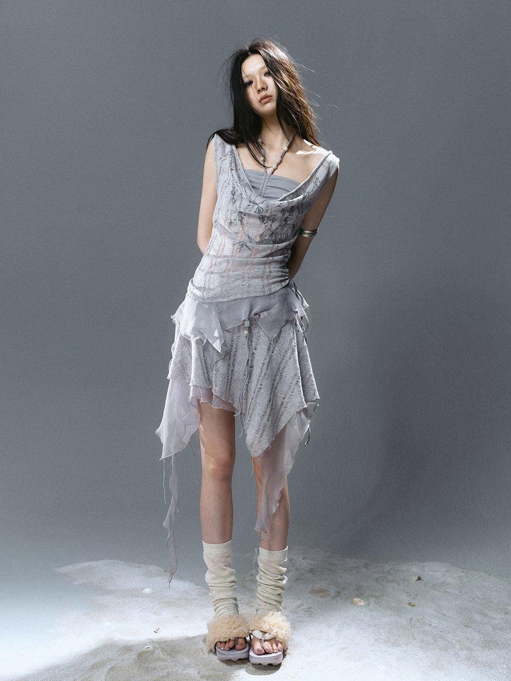 Cest Nous Asymmetrical Patchwork Chiffon Strappy Slim Fit Street Printed Minidresses