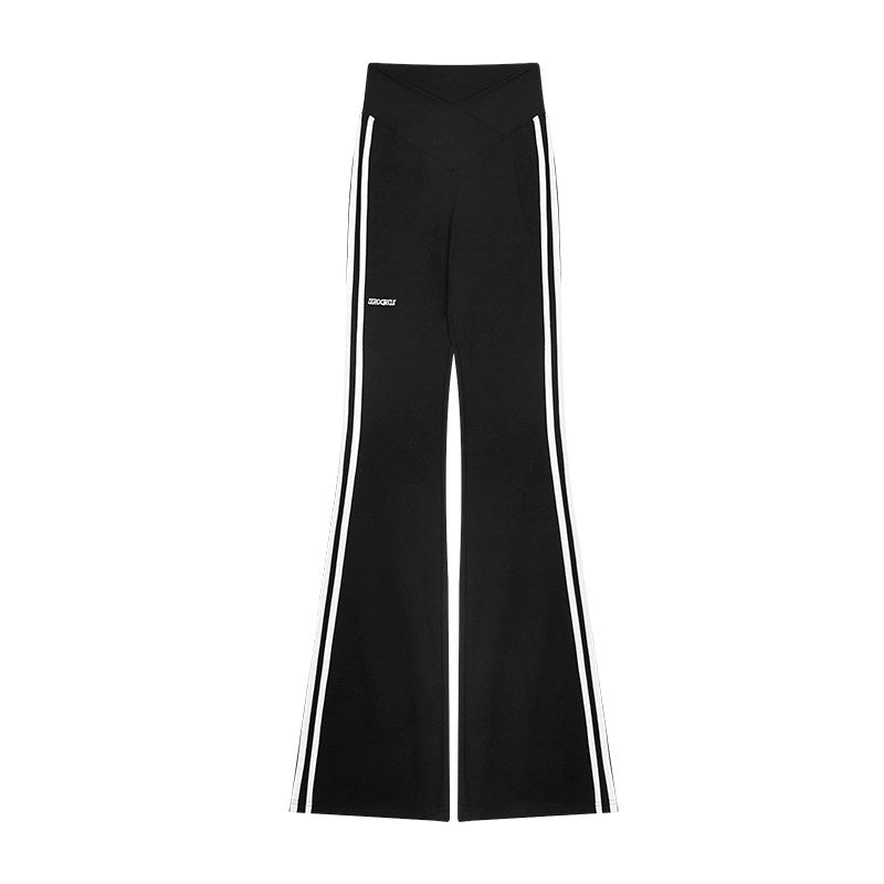 ZERO_Stretch_Knit_Street_Sporty_Wide_Leg_Women_Black_Striped_Nylon_Flared_Pants_MISSTT