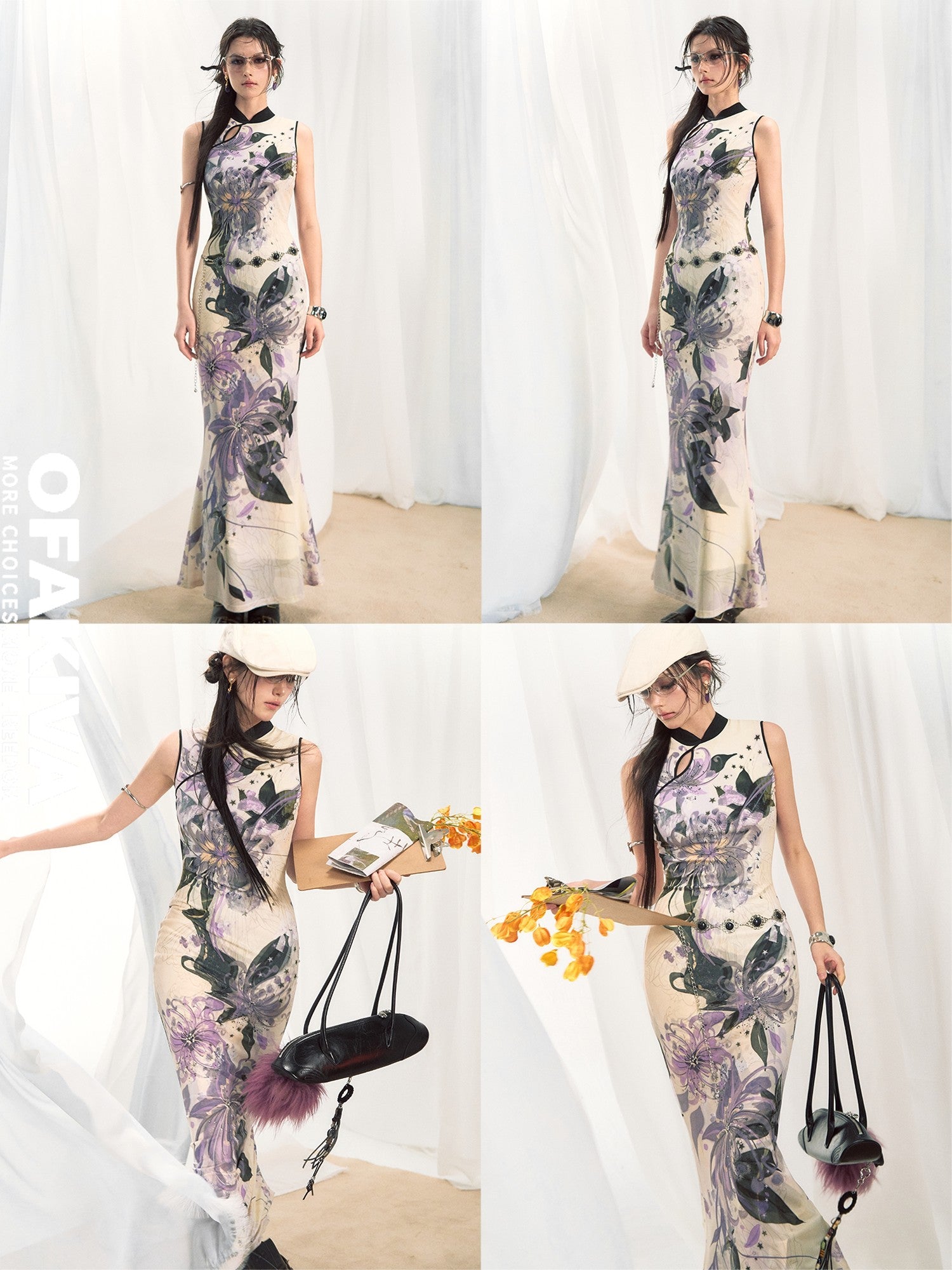 OfAkiva Figure Flattering Printed Chinese Stand Collar Mermaid Slim Women Maxi Skirts