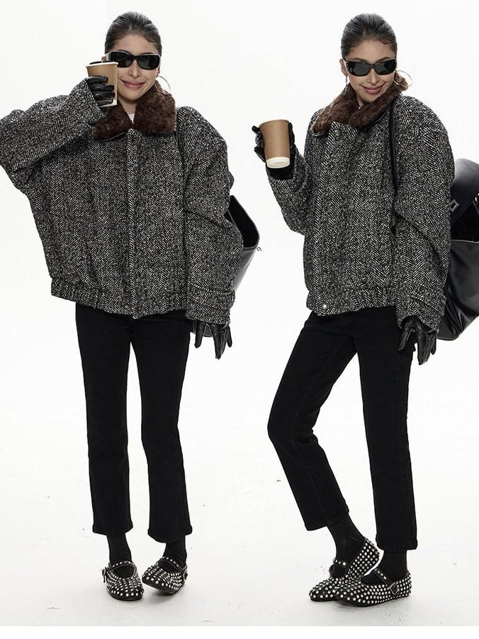 ZERO Insulated Nylon Street Loose Lapel Collar Black Young Women Cropped Jackets