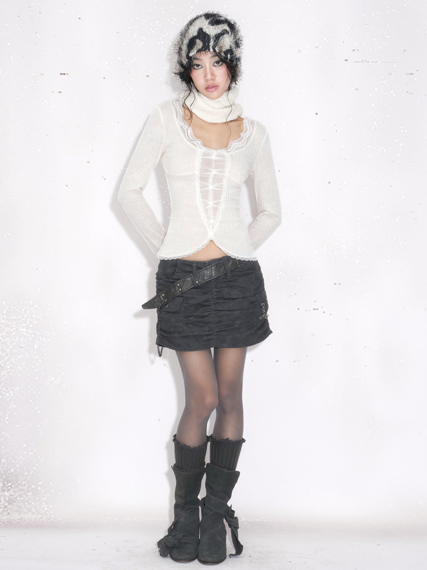 OPEN AESTHETIC Soft Cotton Lace Patchwork Sweet Slim Fit Cropped Long Sleeve T-Shirts