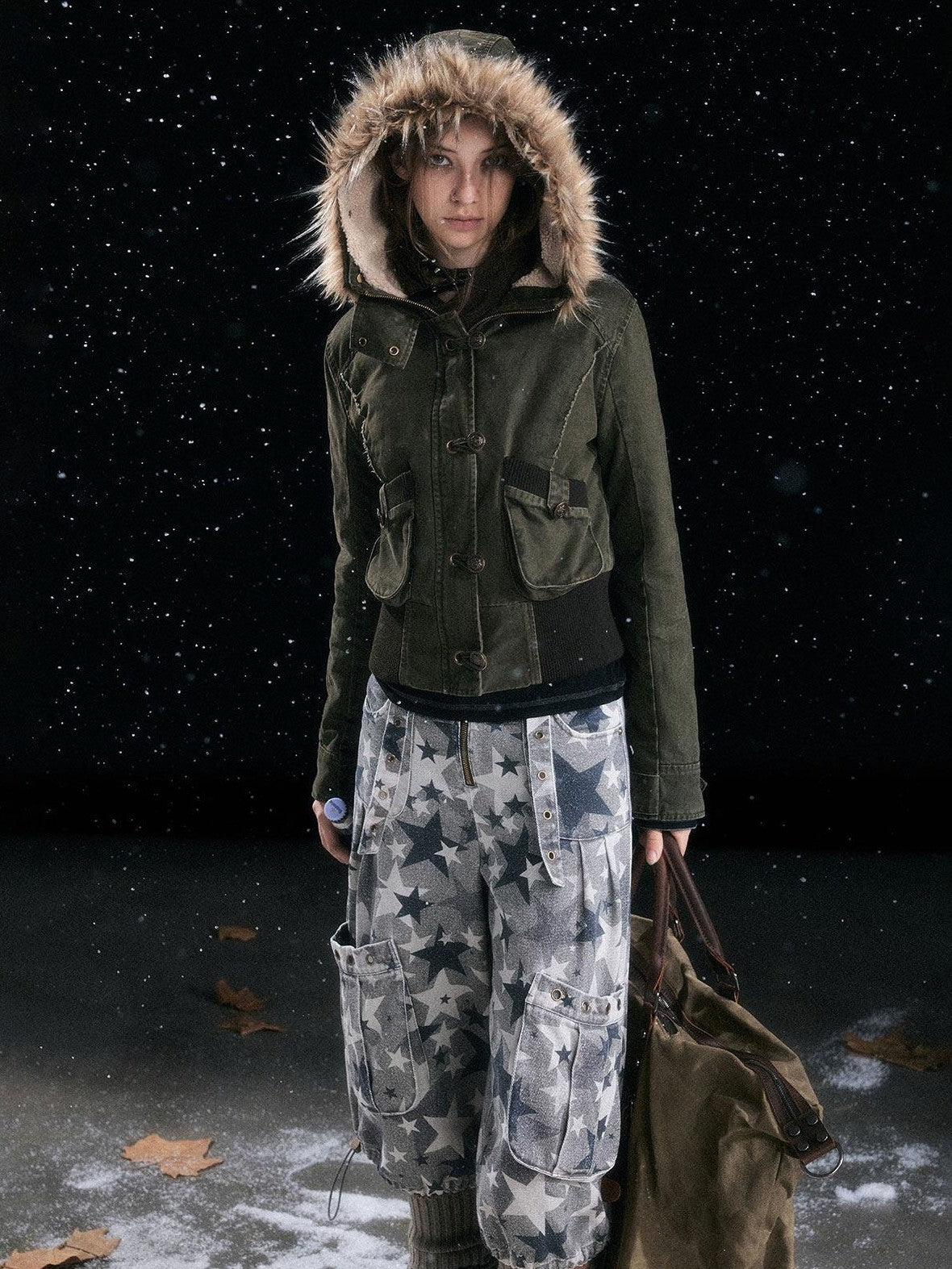 Cest Nous Distressed Grey Camo Cotton Tapered Button Fly Pockets Women Cargopants
