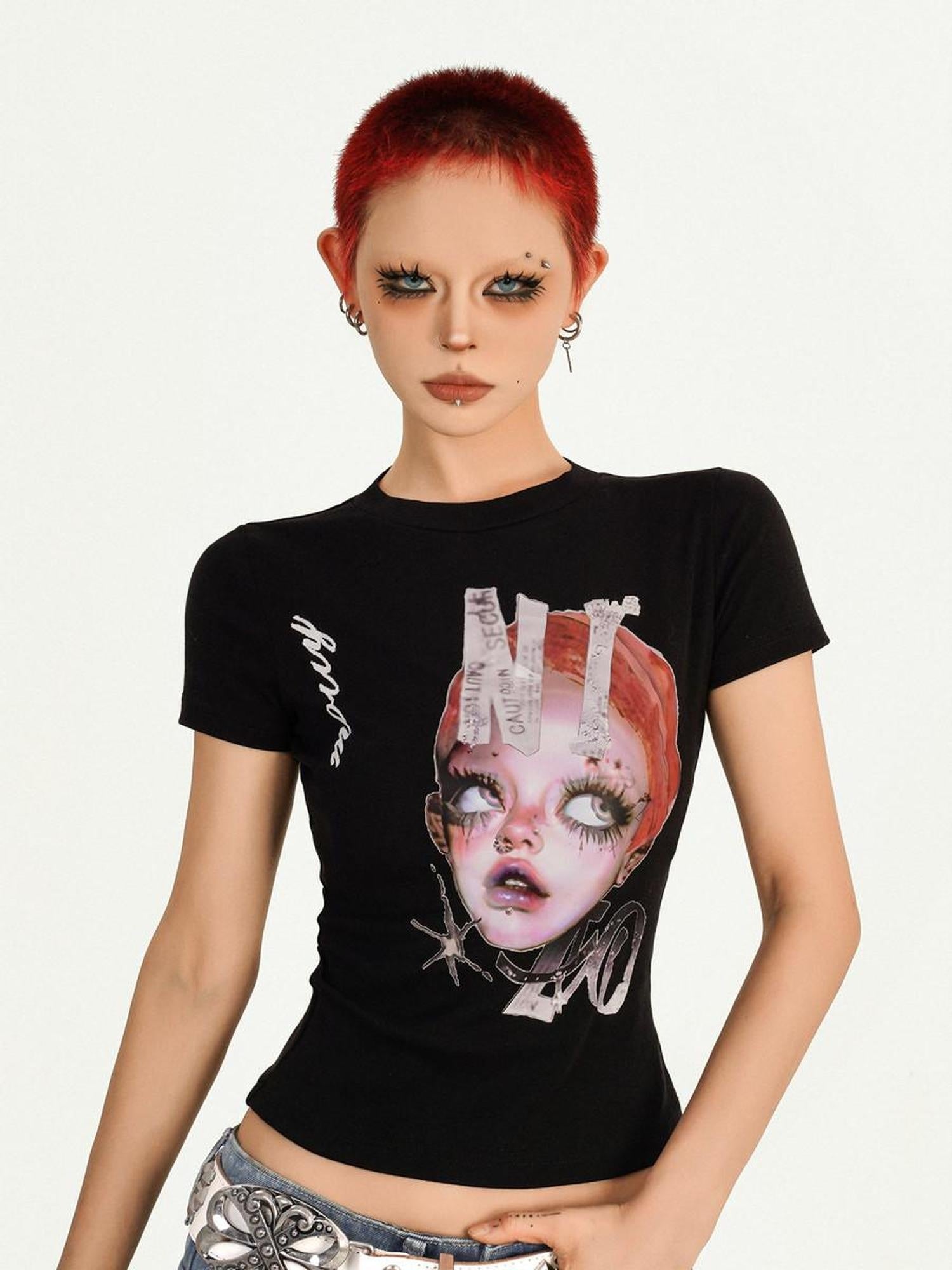 Nico Molly Moisture Wicking Slim Casual Creative Print Round Neck Women Basic Crop Tops