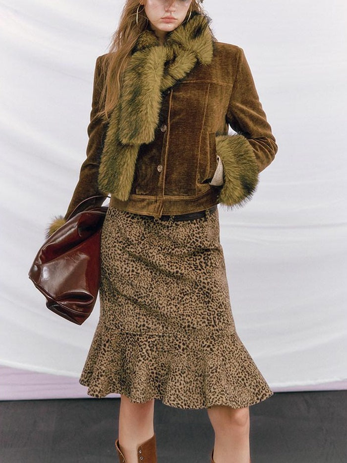 OfAkiva High Waisted Slim A Line Patchwork Belted Casual Women Leopard Print Midi Skirts