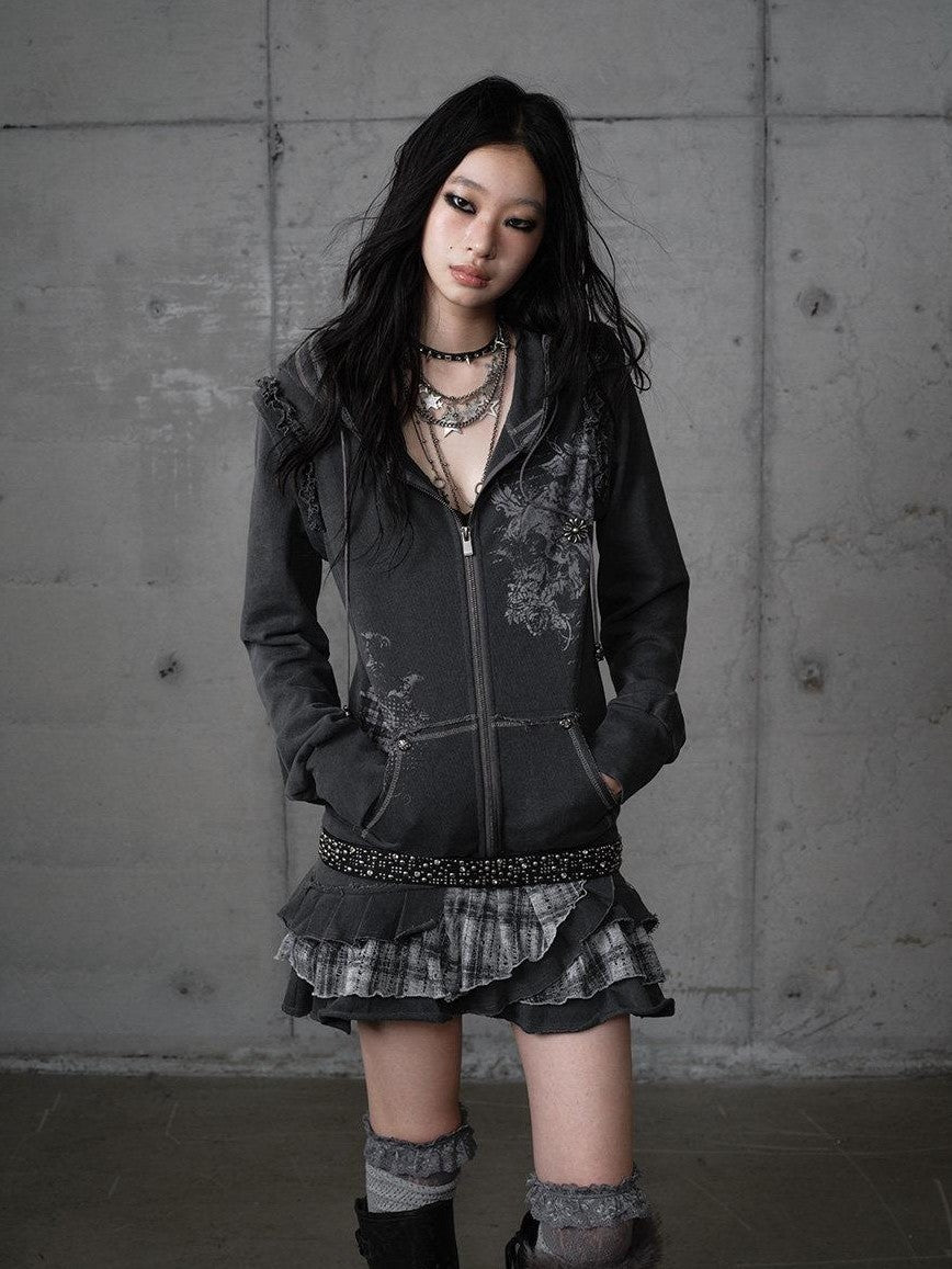 NO ROMANCE Deep Gray Y2K Printed Lace Detachable Hood Sweatshirt Women'S Mini Dresses