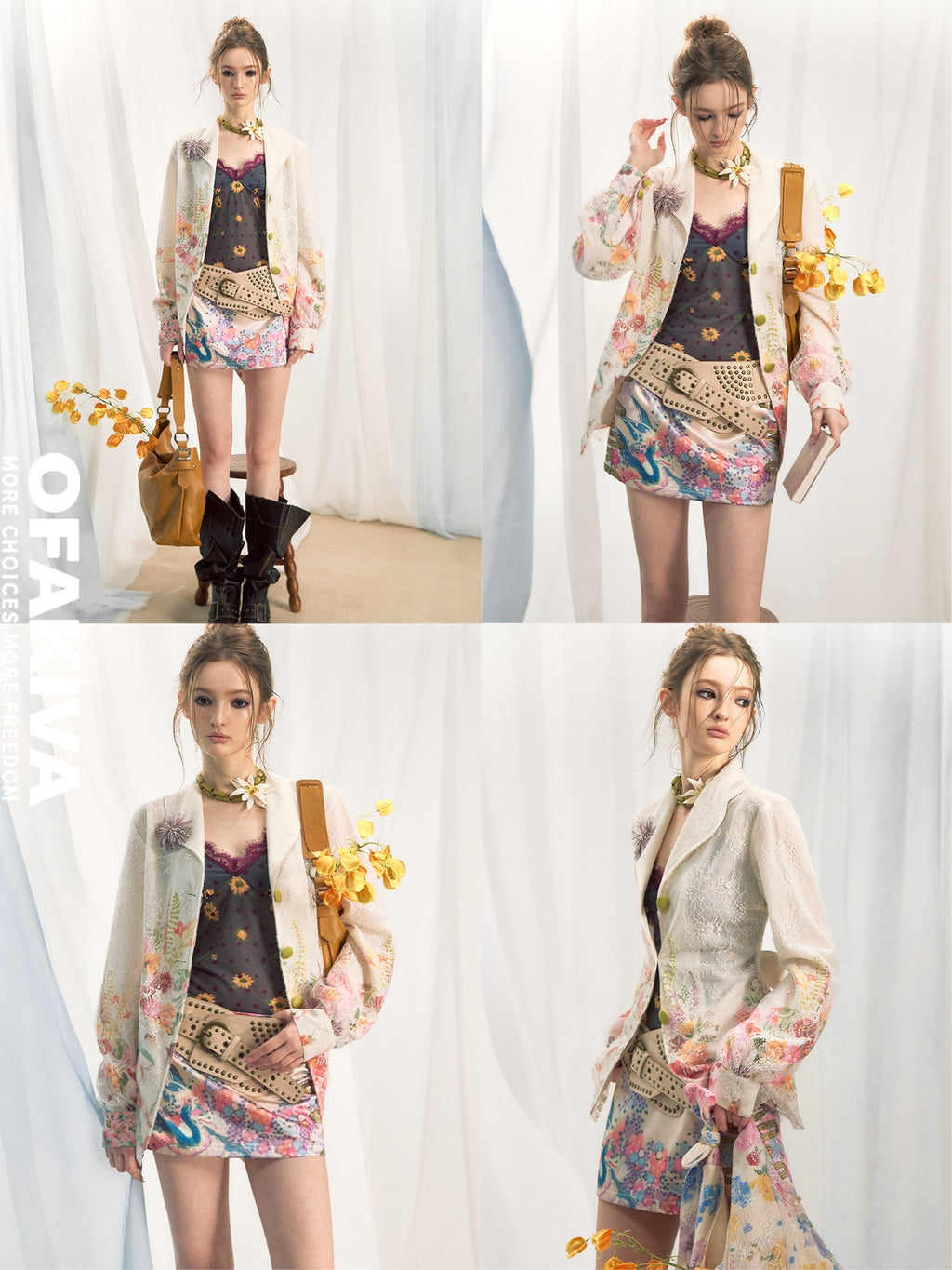 OfAkiva Rhinestone Floral Print Cinched Waist Single Button White Long Sleeve Blazers