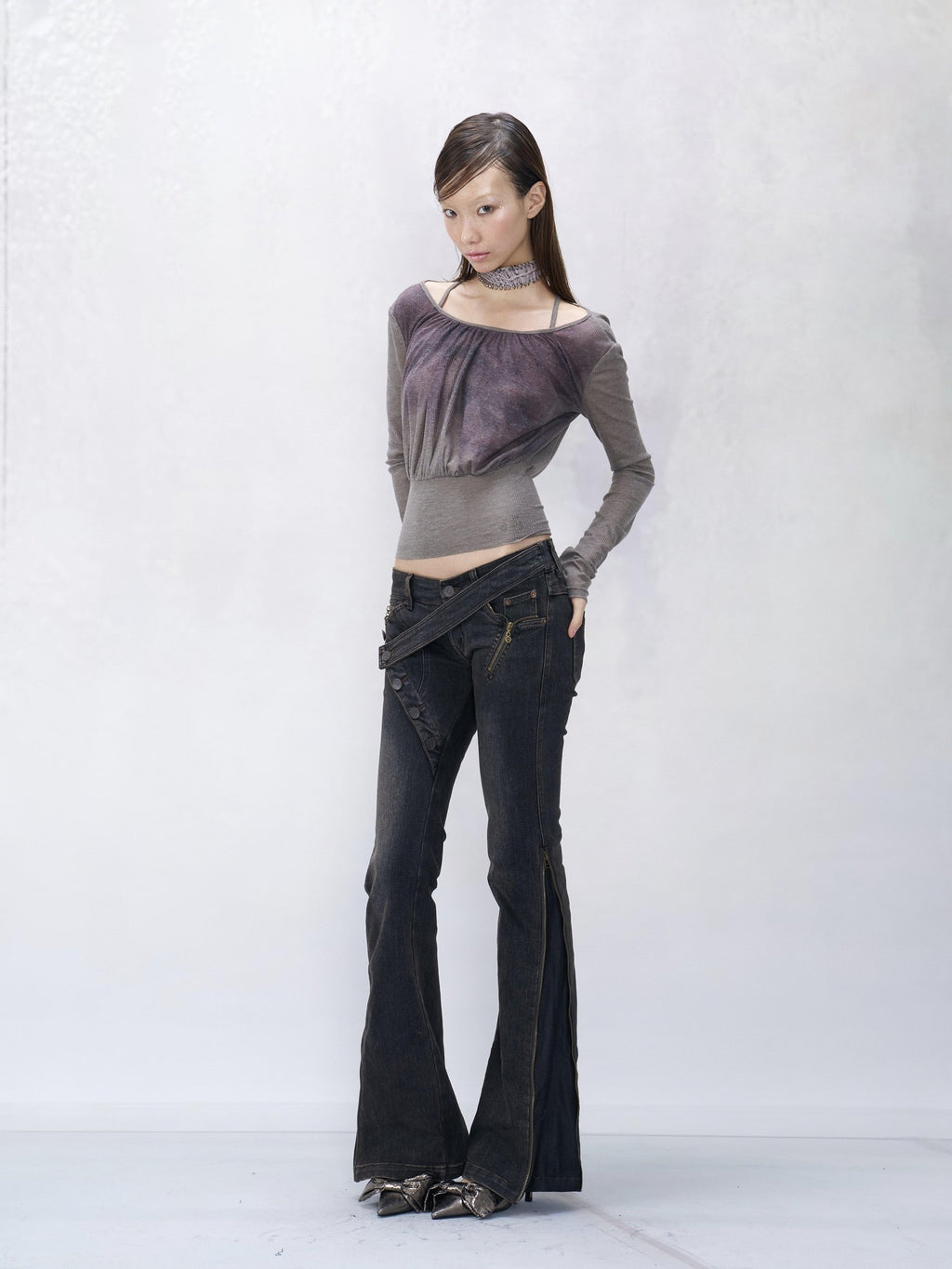 Flowers birds Market 100% Cotton Slim Cropped Striped Crew Neck Gray Printed Long Sleeve T-Shirts