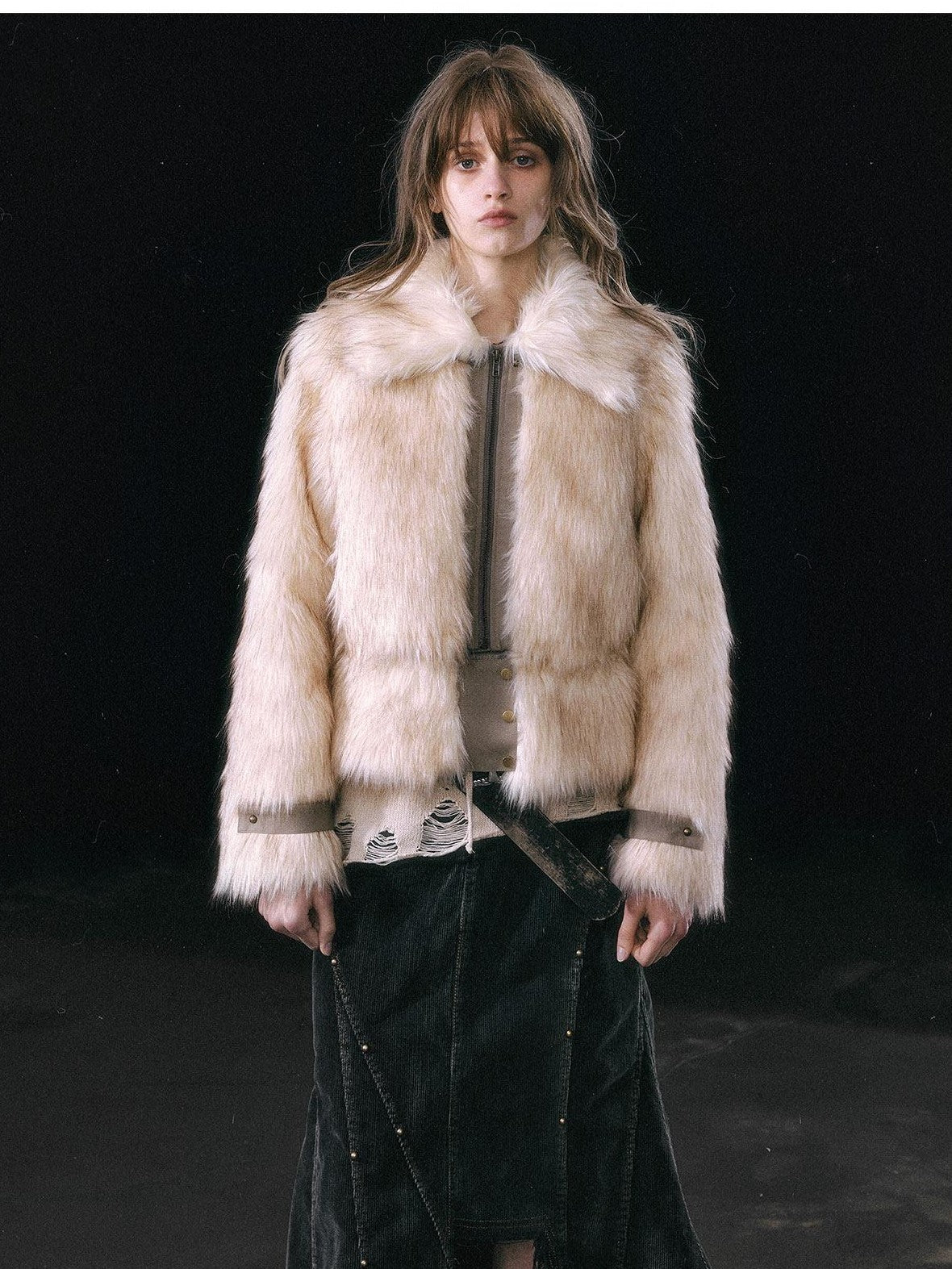 Cest Nous Thick Fur Collar Punk Street Short Fit Young Adults Silver Gray Beige Jackets