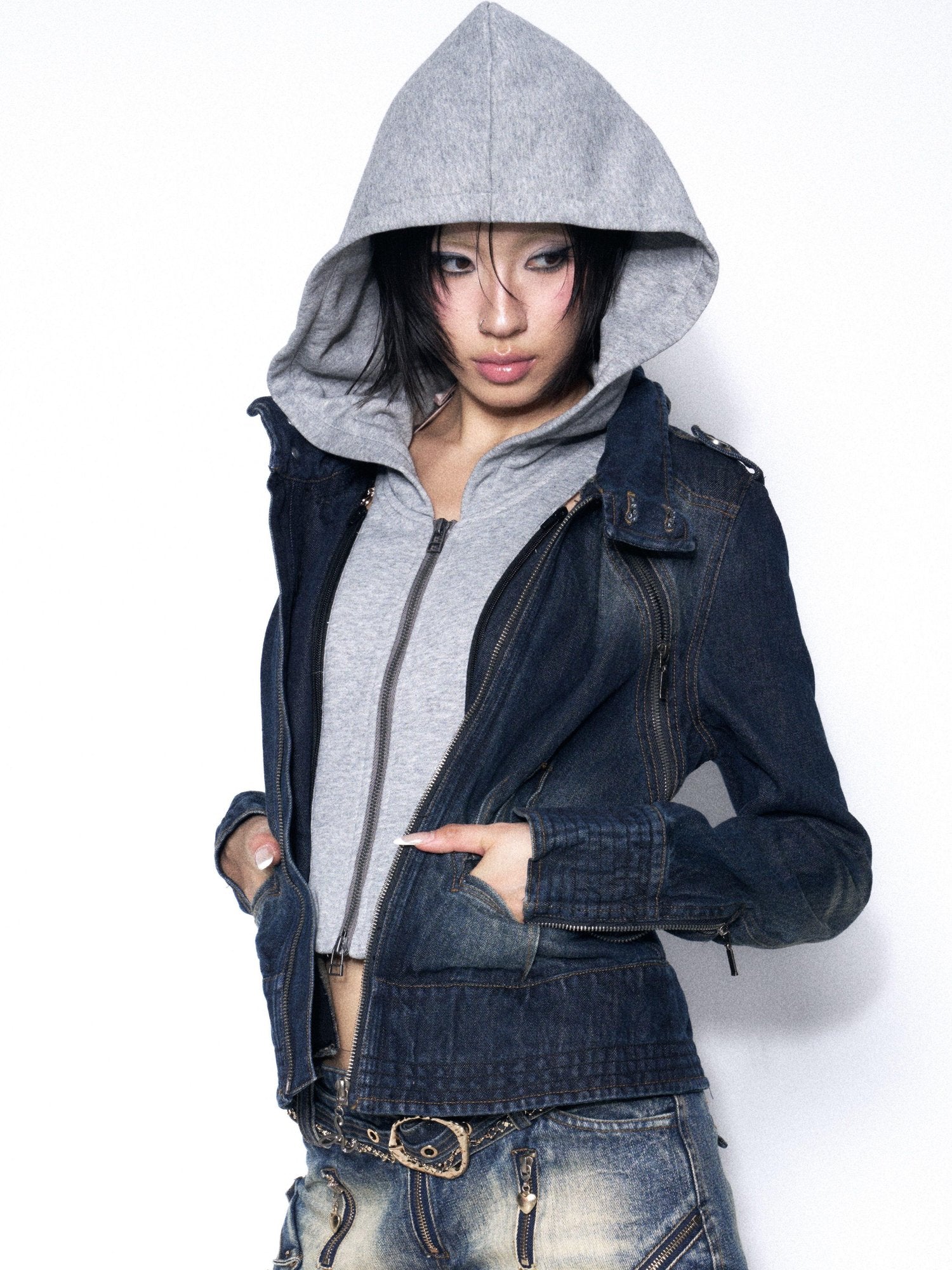 OPEN AESTHETIC Slimming Original Slim Fit Faux Layered Zip Hooded Women Denim Hoodies