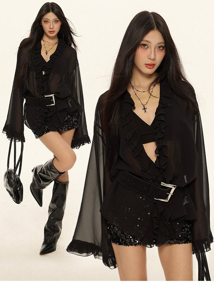 ZERO Chiffon Ruffle V-neck Loose Street Sporty Long Sleeve Black Brown Women Blouses