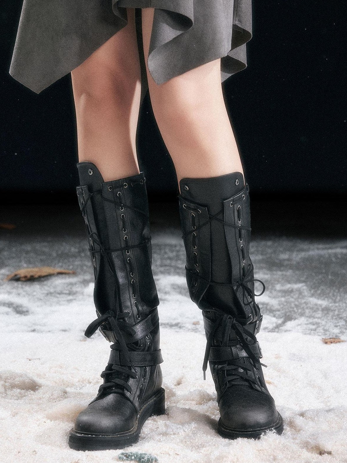 Cest Nous Low Heel Mid Calf Belt Buckle Casual Riding Round Toe Leather Lined Black Boots