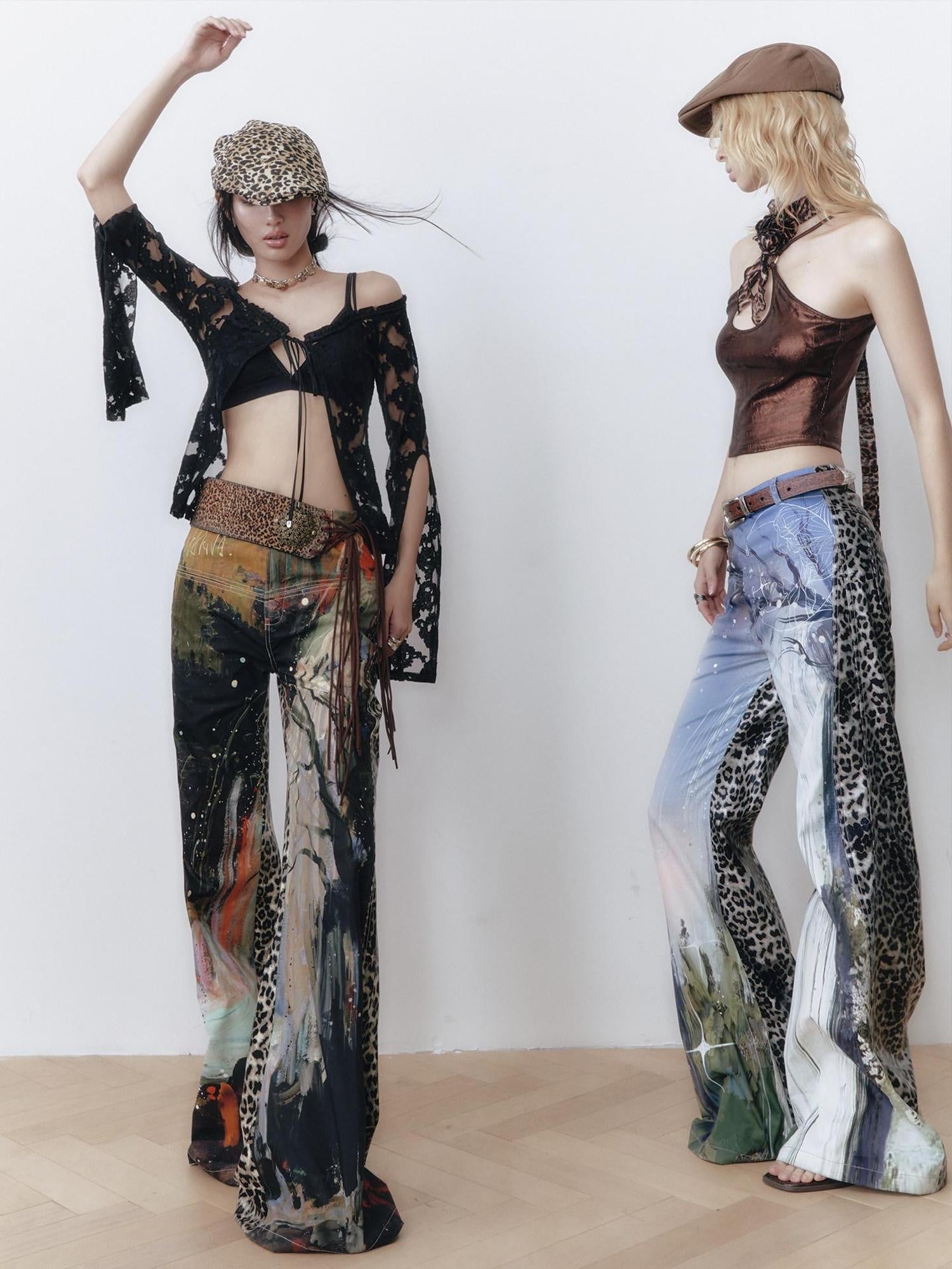 OfAkiva High Waist Leopard Patchwork Commuter Womens Straight Cut Flared Pants
