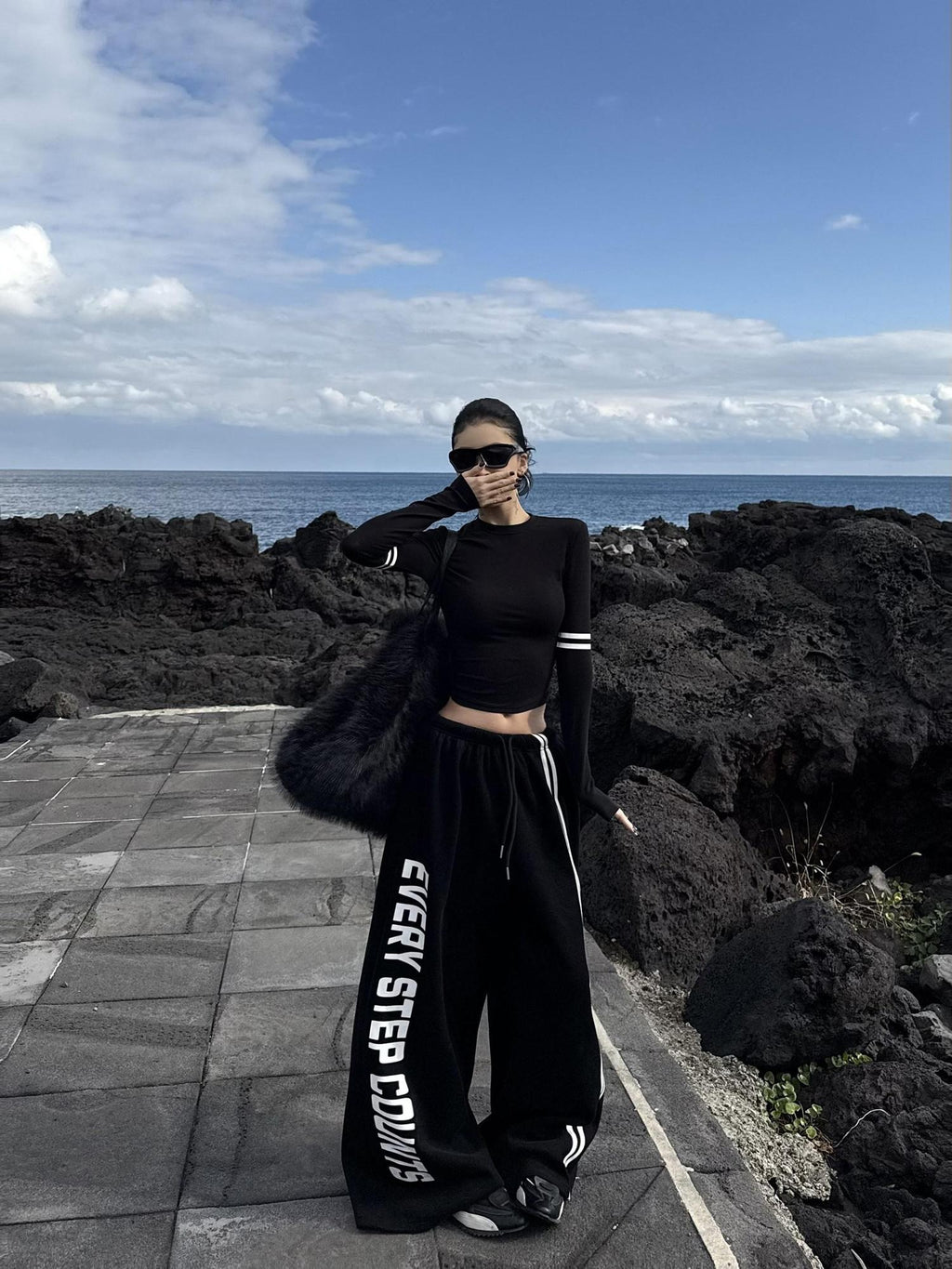 ZERO Soft Lyocell Knit Long Sleeve Slim Casual Women Black Basic Crop Tops