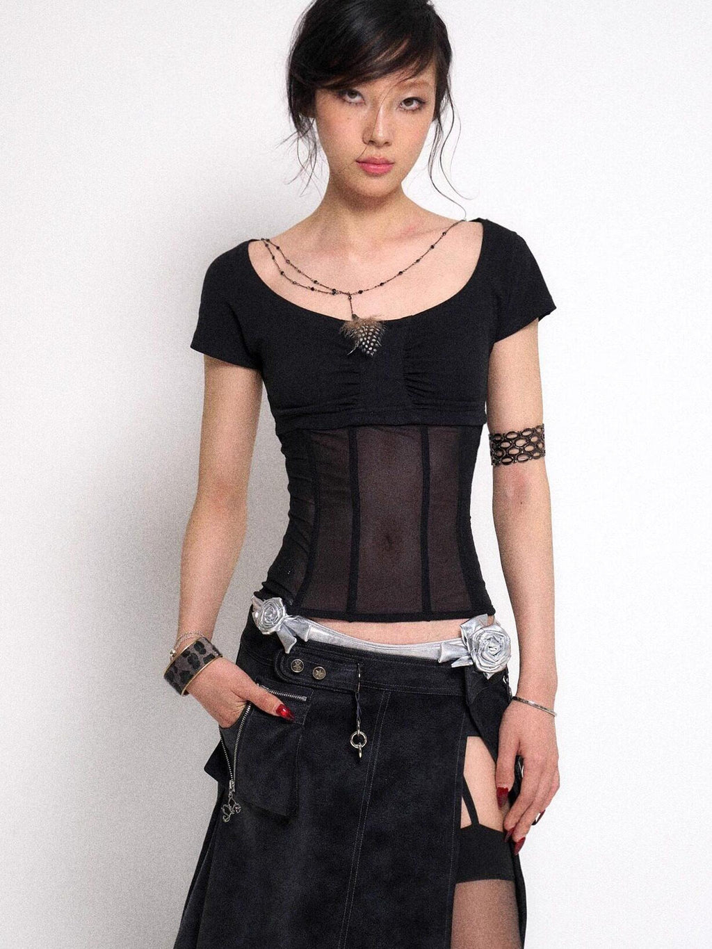 Flowers birds Market Cutout Gothic Slim Fit Solid Black Women Cotton Stretch Short Sleeve T-Shirts
